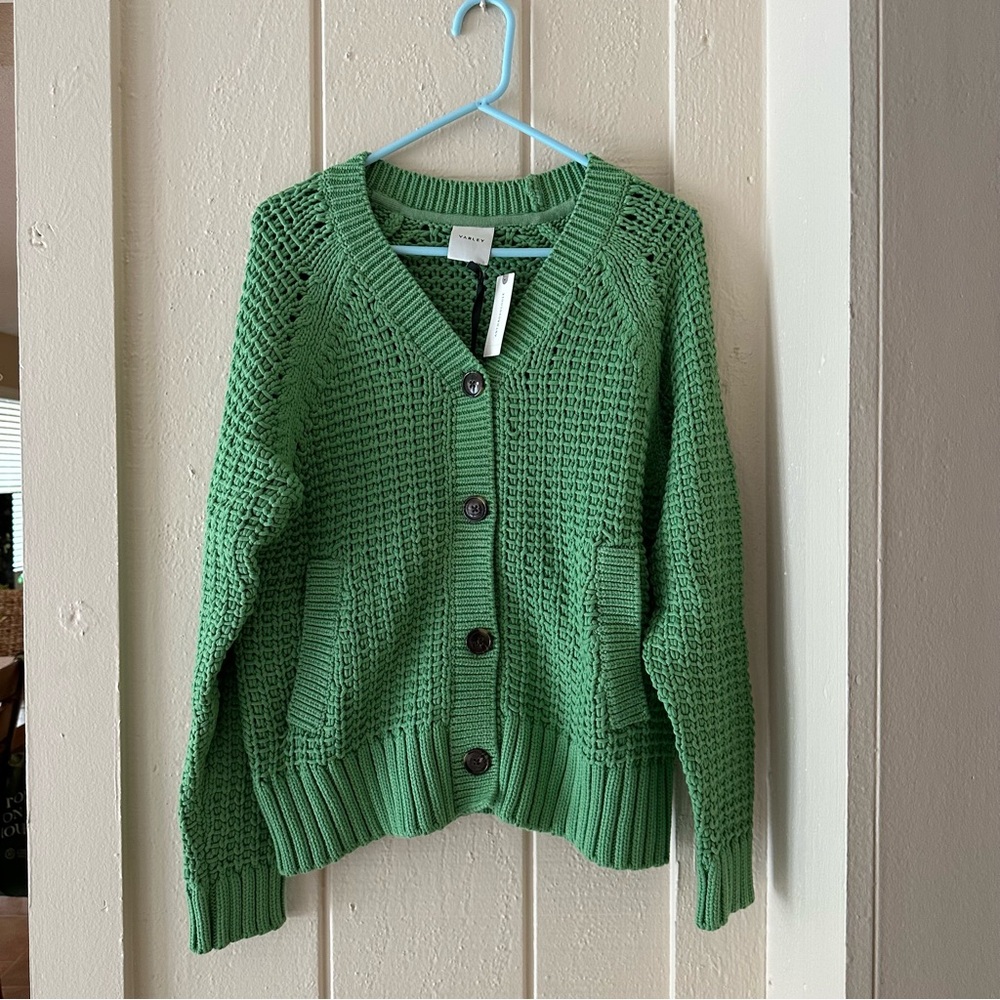 WOW NEW VARLEY GREEN OPEN KNIT BUTTON DOWN/POCKETS CARDIGAN SWEATER S